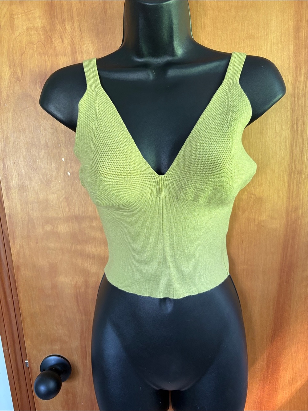 Olive Green V-Neck Knit Crop Tank Top